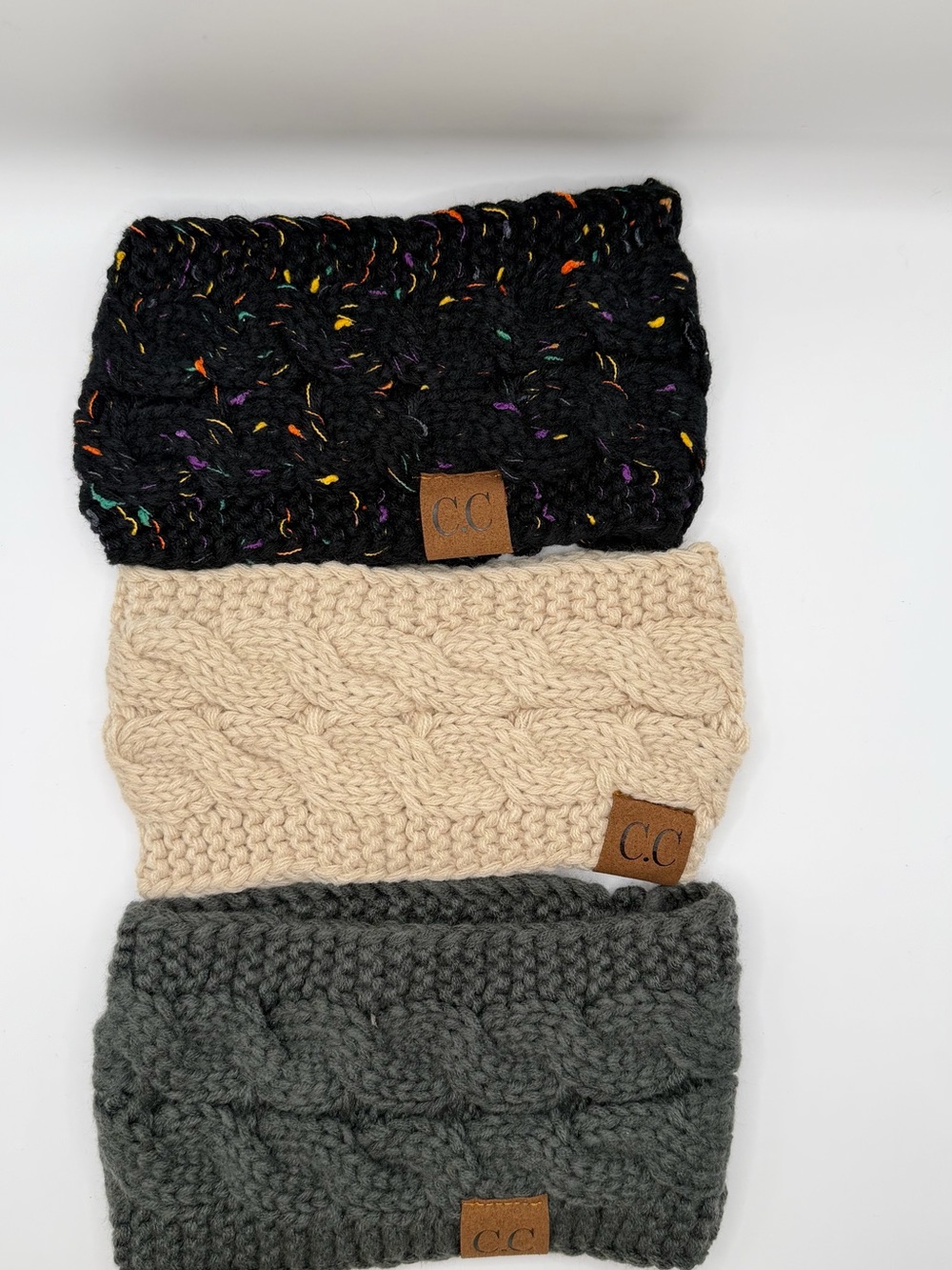 C.C women’s and Kids Cable Knit Headbands in Black Confetti, Cream, and Gray
